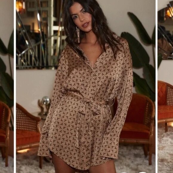 NWT 12th Tribe AFTER DARK BROWN RETRO SATIN MINI DRESS Small **Sold out online** - Picture 2 of 7